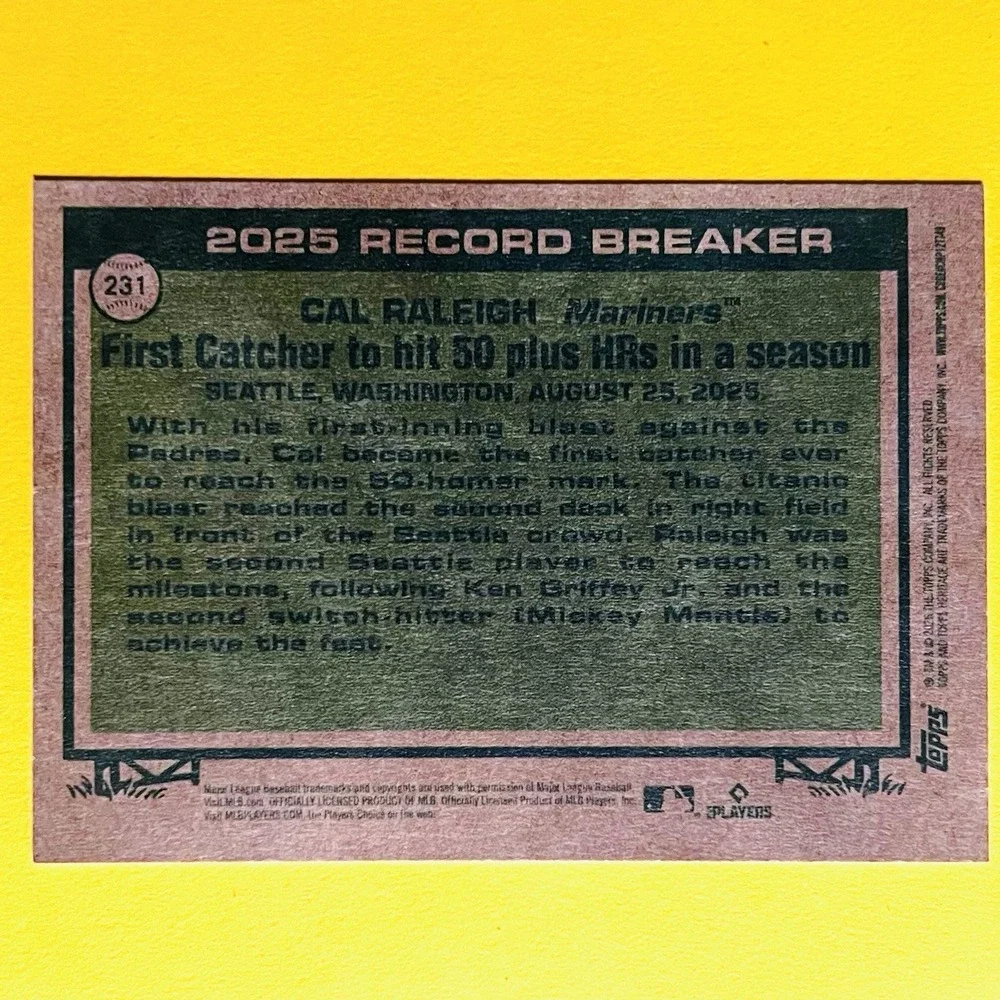 2026‎ Topps Heritage Record Breaker Cal Raleigh #231 Mariners Insert
